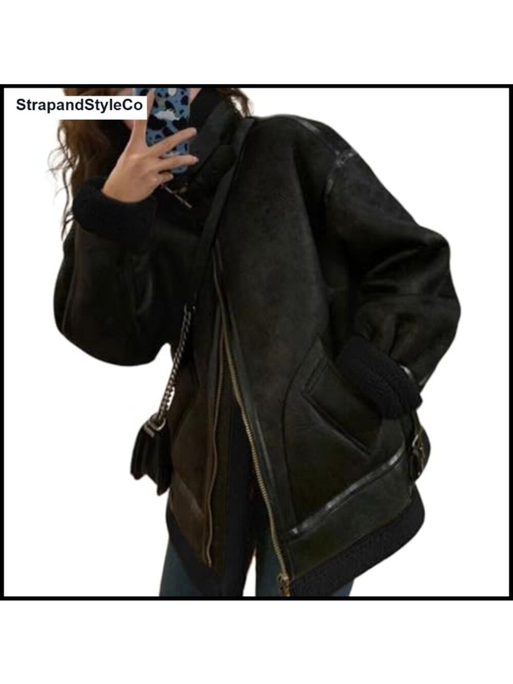 Oversized Faux Suede Moto Jacket Sherpa Fleece Lined Aviator Coat